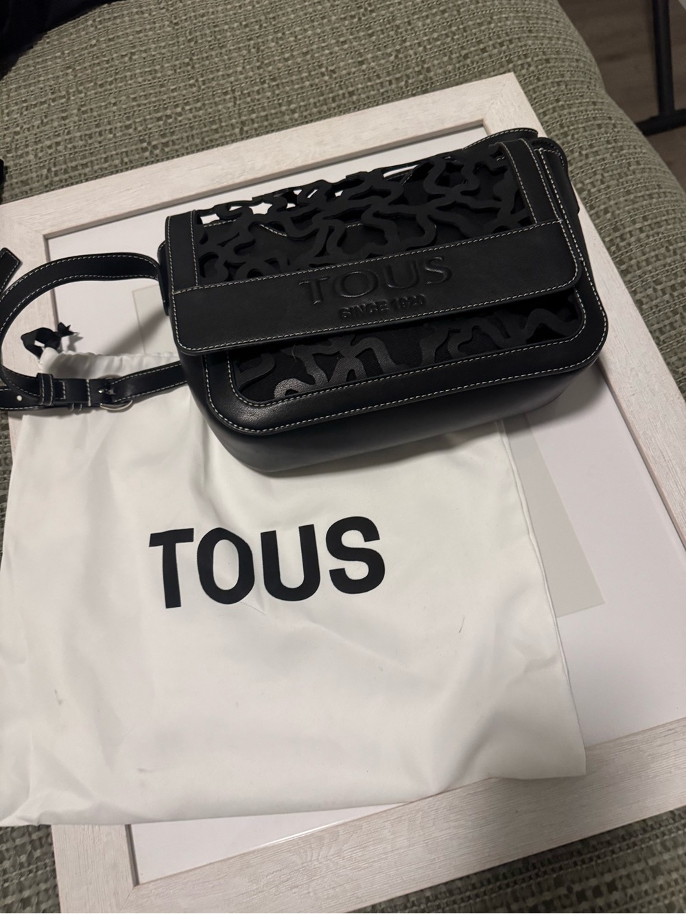 TOUS Black Laser-Cut Leather Crossbody with Contrasting Stitching